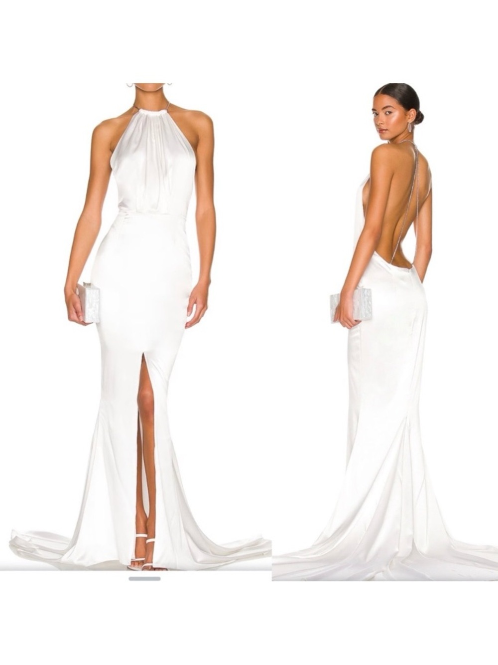 Retrofete Silk Margot Low Back Front Slit Halter Gown Maxi Dress: White